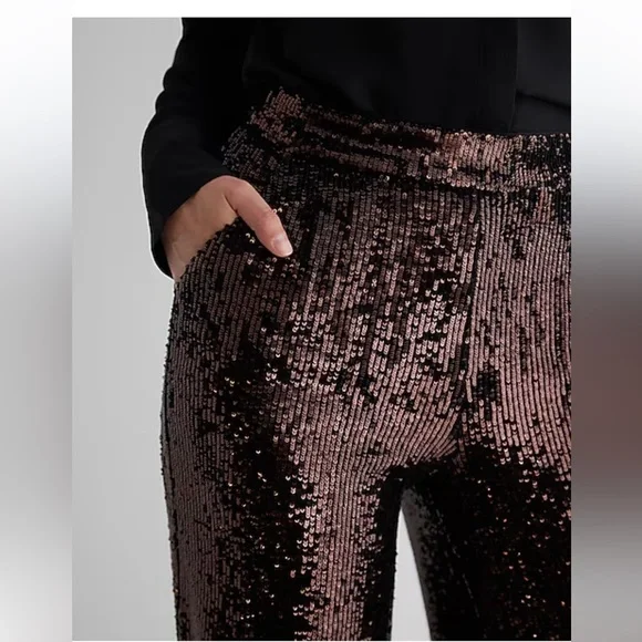 Express High Waisted Sequin Wide Leg Pant bronze women’s NEW 0 short - Picture 2 of 7